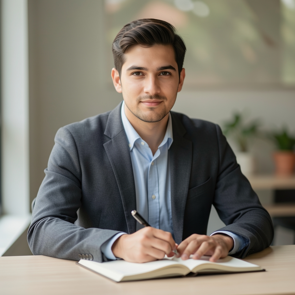 Editorial portrait of a male writer at a minimal desk with natural side-lighting, notebook open