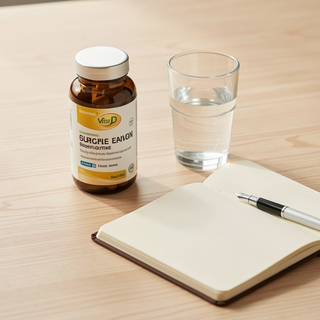 Morning supplement routine setup with vitamin D bottle, glass of water, and open notebook on a light wooden surface