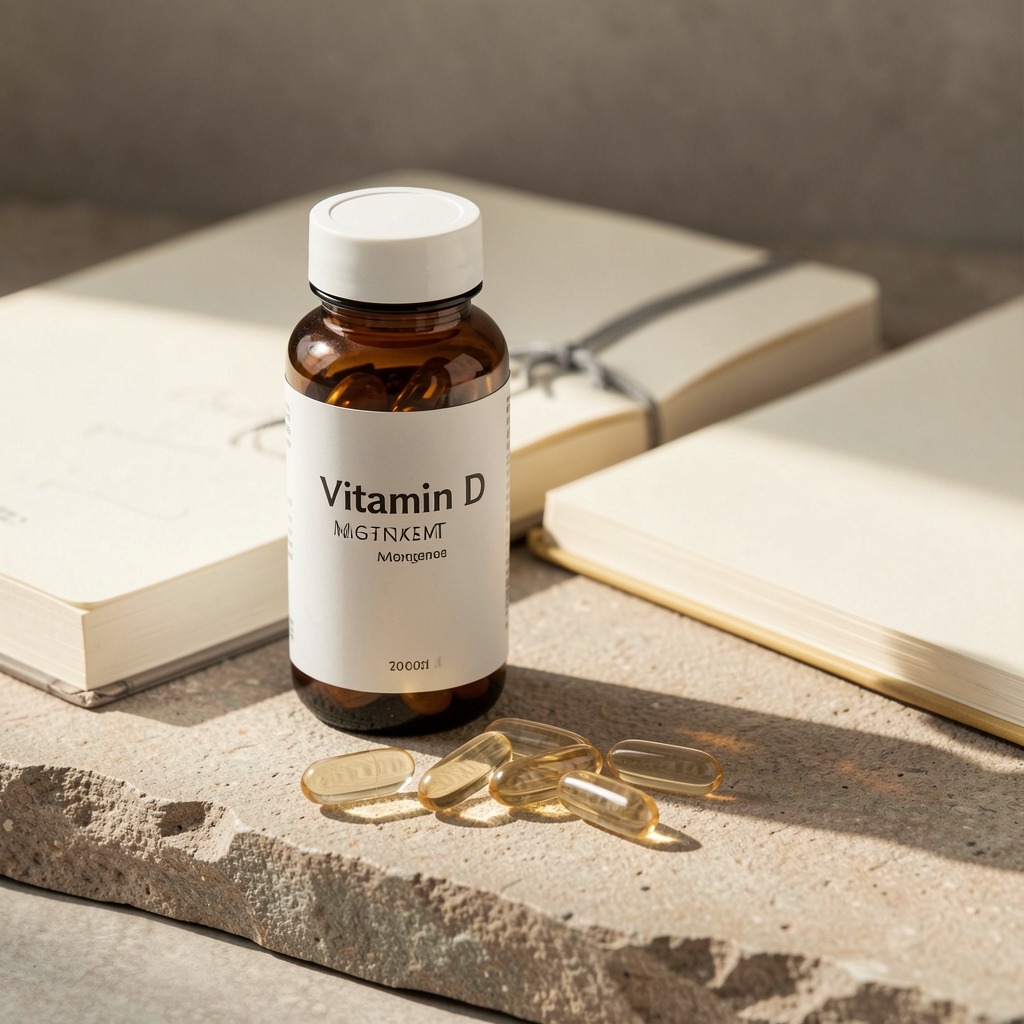Vitamin D supplement bottle and magnesium daily supplements arranged on a neutral stone surface with a morning notebook