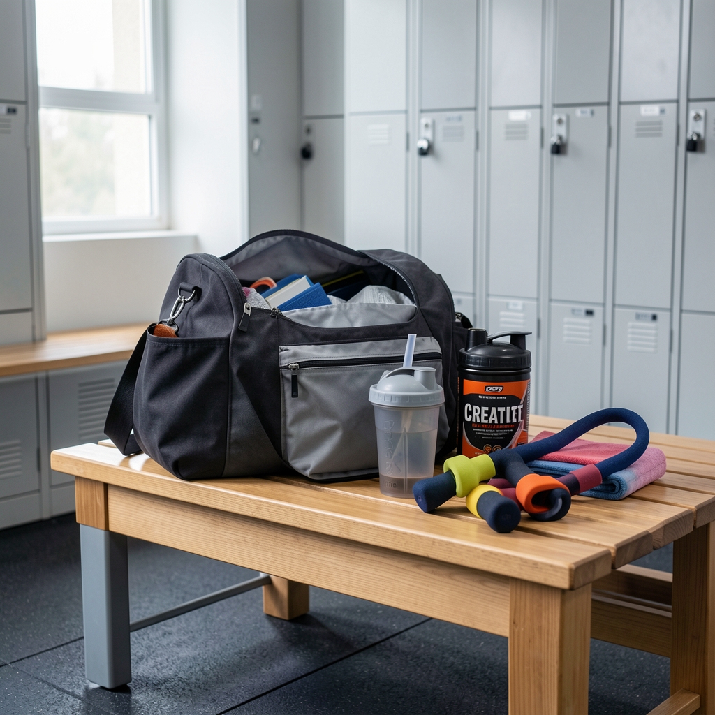 Gym bag open on a bench with protein shaker, creatine container, and resistance bands in a clean gym locker room