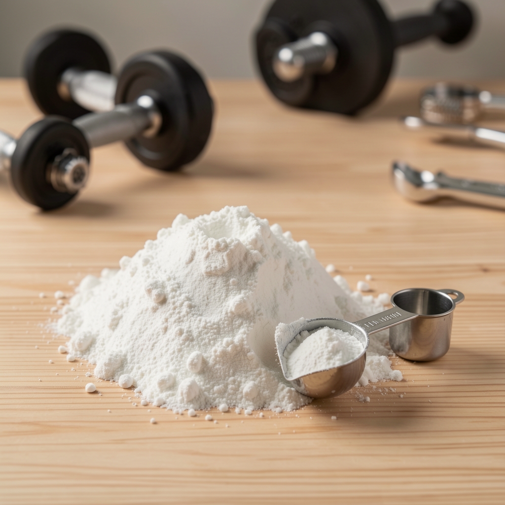 Creatine powder and measuring scoop on a clean wooden surface with weights visible in the background