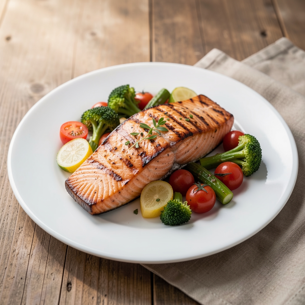 Grilled salmon fillet with vegetables on a white plate, natural light, wooden table surface