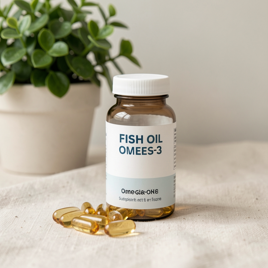 Fish oil daily supplements and omega-3 supplement bottle on a light linen surface with a green plant in soft focus