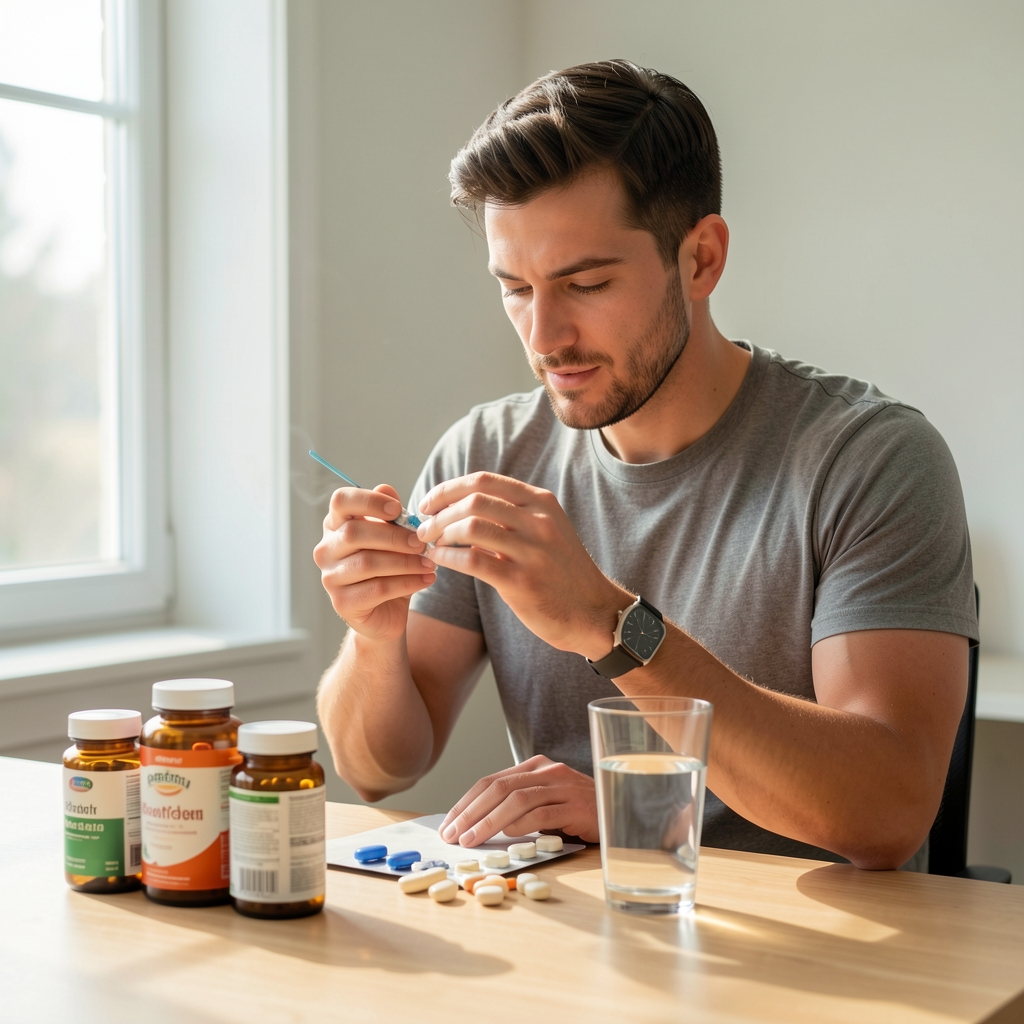 Man reviewing supplement containers on a wooden desk in a minimal, naturally lit workspace