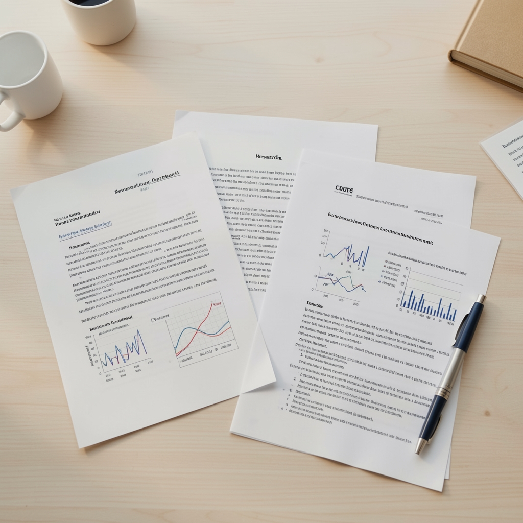 Research notes and published nutritional papers on a light desk surface, editorial overhead composition